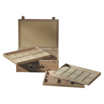 Merkloos Pastelkist hout 35x26,5x13 cm met 4 trays
